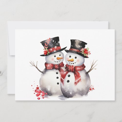 Two Snowman In Top Hats and Red Scarves Holiday Card