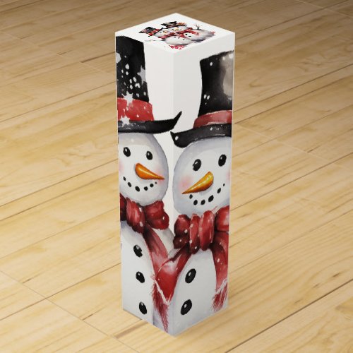 Two Snowman In Top Hats and Red Scarves Wine Box