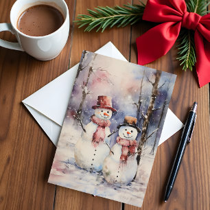 Two Snowmen in Hats and Scarves Christmas Greeting Card