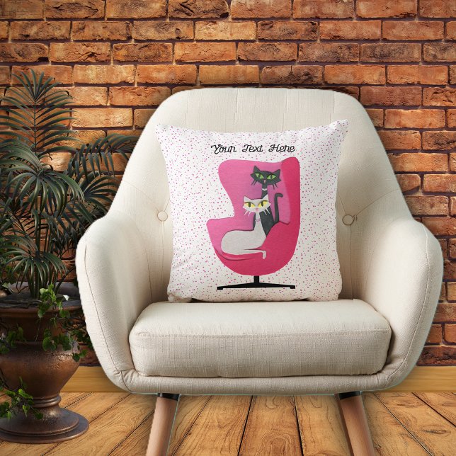 Two Sophisticated Mid Century Cats Pink Chair Dots Throw Pillow (Two sophisticated mid century cats in pink chair on white with pink dots throw decorative pillow.)