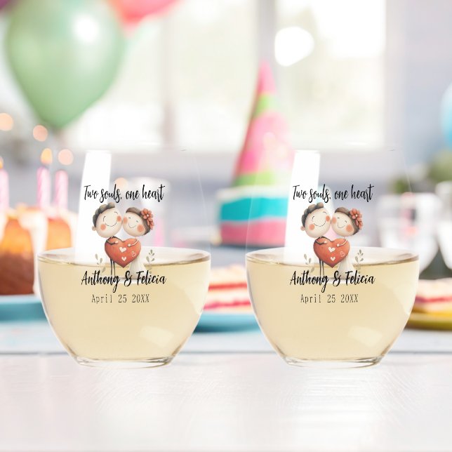 Two Souls, One Heart Customizable Wedding Stemless Wine Glass (Insitu (Birthday))