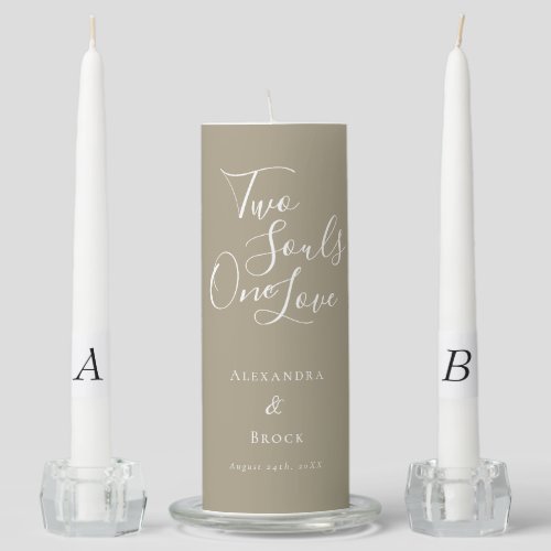 Two Souls One Love Quote Beige Monogram Date Unity Candle Set