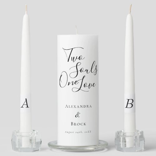 Two Souls One Love Quote Black White Monogram Date Unity Candle Set