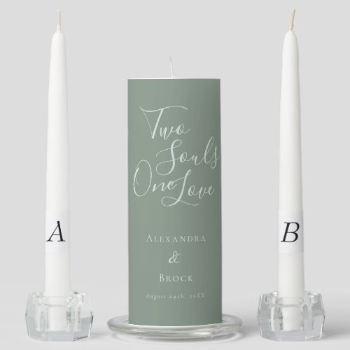 Two Souls One Love Quote Sage Monogram Date Unity Candle Set