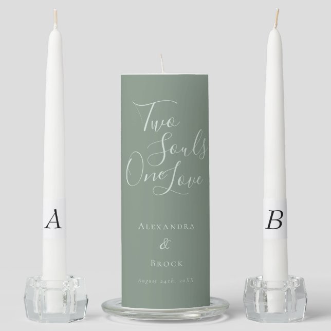 Two Souls One Love Quote Sage Monogram Date Unity Candle Set (Front)