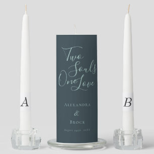 Two Souls One Love Quote Teal Monogram Date Unity Candle Set