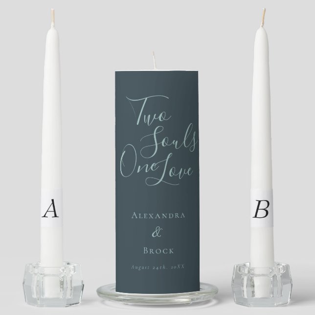 Two Souls One Love Quote Teal Monogram Date Unity Candle Set (Front)