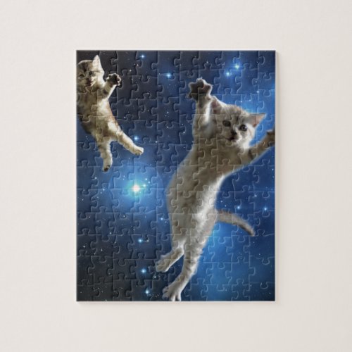 Two Space Cats Floating Around Galaxy Jigsaw Puzzle