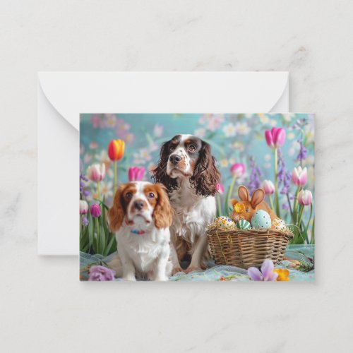 Two Spaniels Pose by Easter Basket Note Card