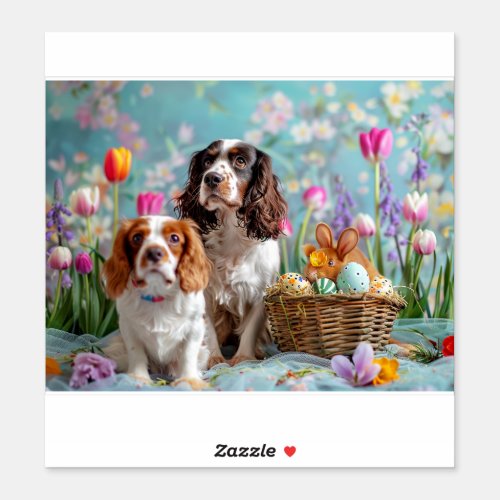 Two Spaniels Pose by Easter Basket Sticker