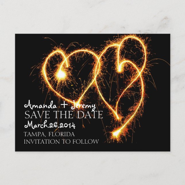Two Sparklers Heart Save The Date Announcement Postcard (Front)