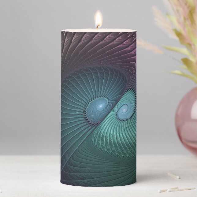 Two Spirals Colorful Modern Abstract Fractal Art Pillar Candle (In Situ)