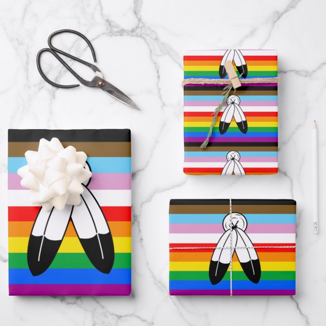Two-Spirit LGBTQ+ Progress Pride Flag Wrapping Paper Sheets (Front)