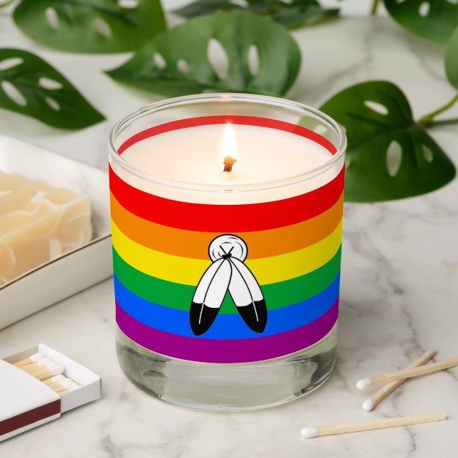 Two-Spirit Rainbow Pride Flag Scented Candle (Lit)