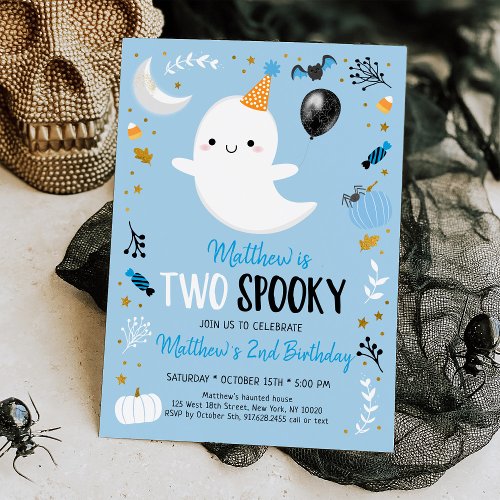 Two Spooky Blue Ghost Halloween Birthday Invitation
