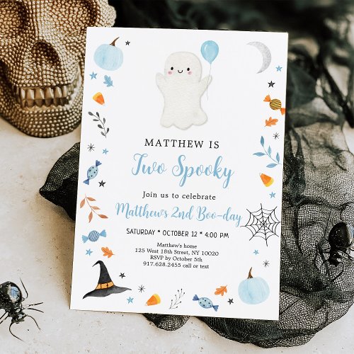 Two Spooky Blue Ghost Halloween Birthday Invitation