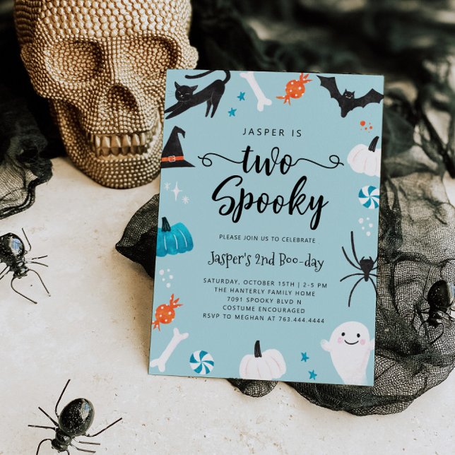 TWO spooky Blue Halloween Birthday Party Invitatio Invitation (Creator Uploaded)