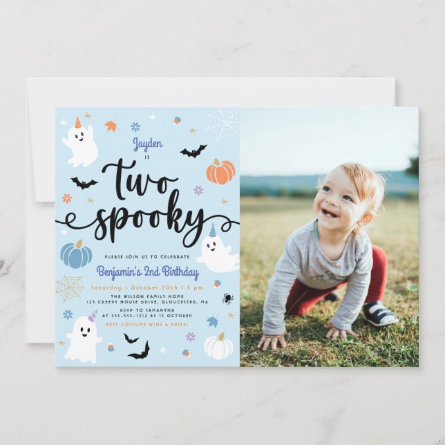 Two Spooky Blue Halloween Ghost 2nd Birthday Photo Invitation (Front)