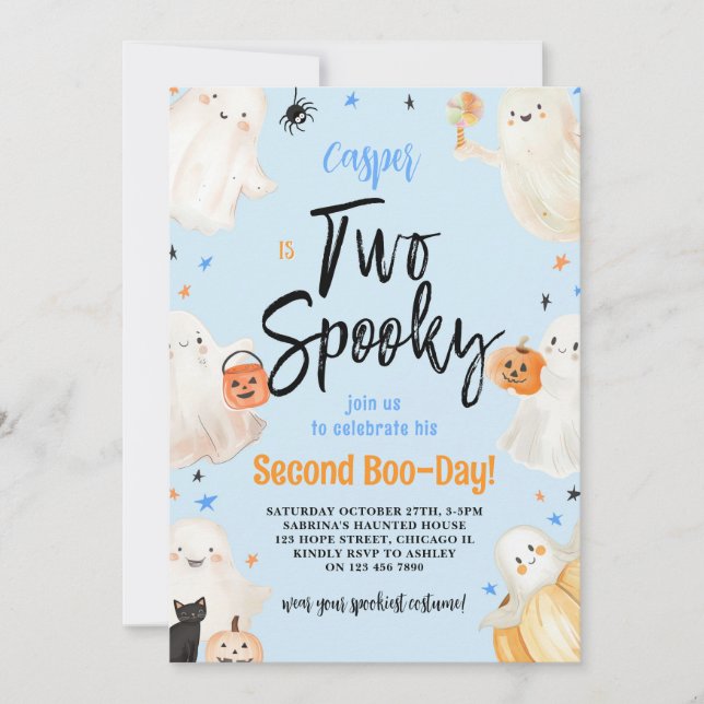Two Spooky Blue Halloween Second Birthday Party Invitation (Front)