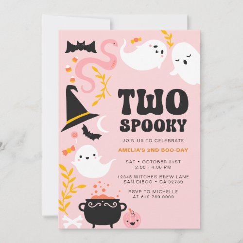 TWO SPOOKY Cute and Modern Pink Ghost Invitation