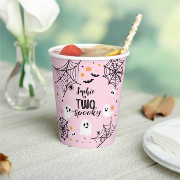Two Spooky Cute Pink Ghost Halloween Paper Cups by PrinterFairy at Zazzle