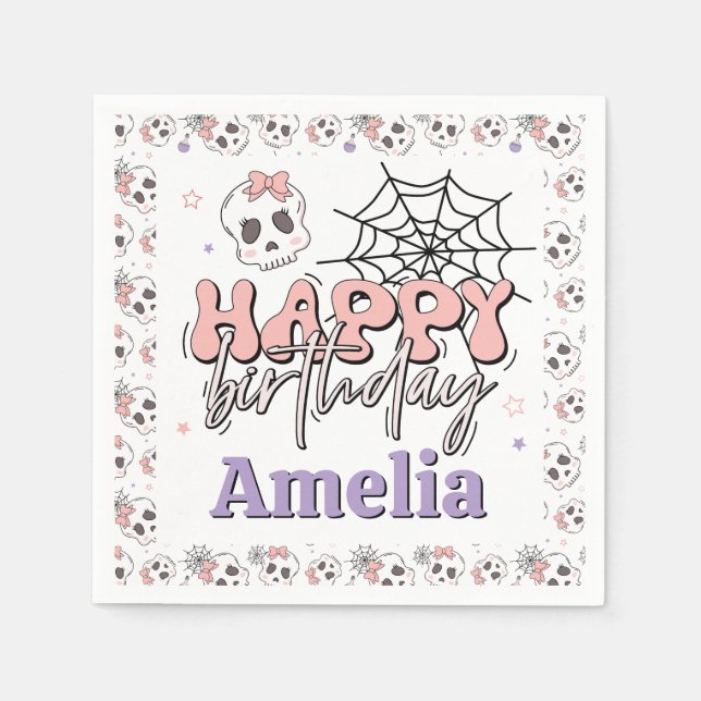 Two Spooky Cute Pink Halloween Birthday Party Napkins (Front)