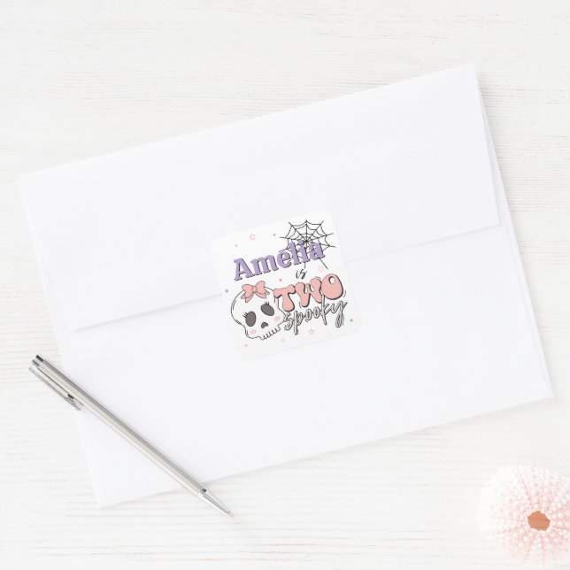 Two Spooky Cute Pink Halloween Birthday Party Square Sticker (Envelope)