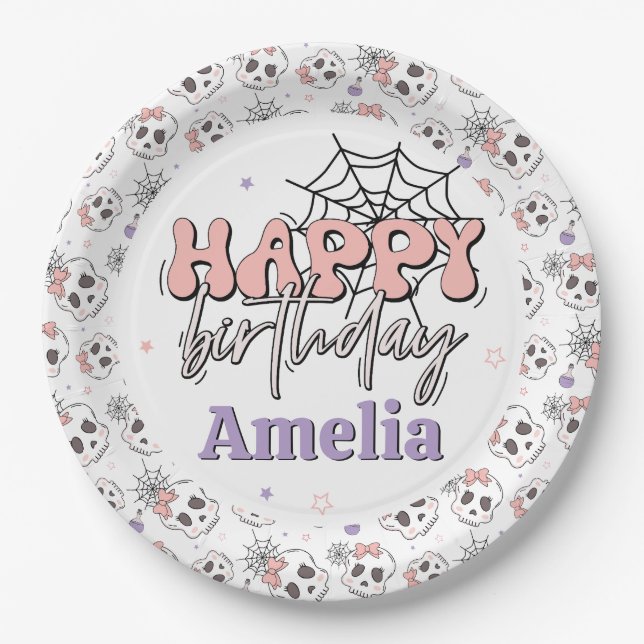 Two Spooky Cute Pink Halloween Happy Birthday Paper Plates (Front)