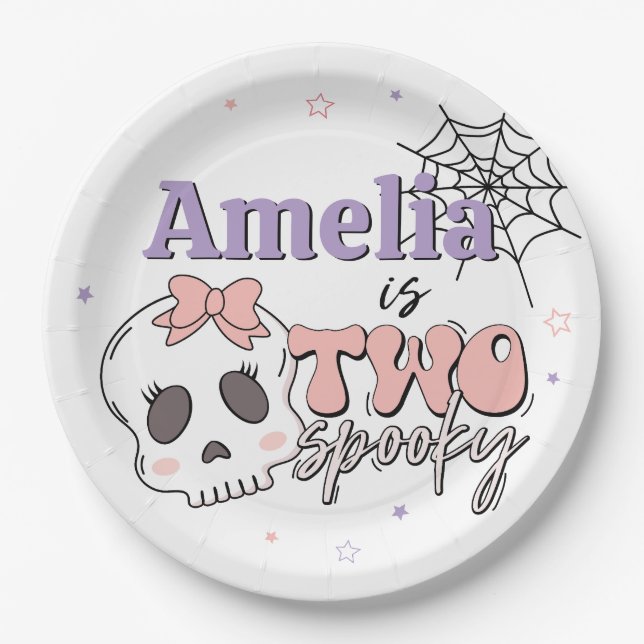 Two Spooky Cute Pink Halloween Happy Birthday Paper Plates (Front)