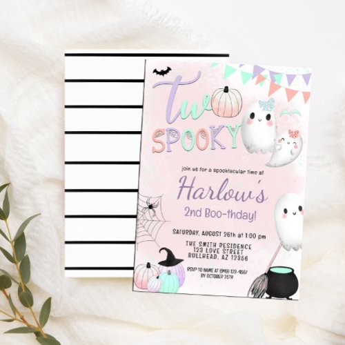 Two Spooky Ghost Pastel Halloween 2nd Birthday  Invitation