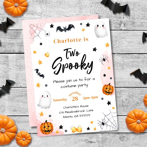 Two Spooky Girls Pink Halloween 2nd Birthday Invitation