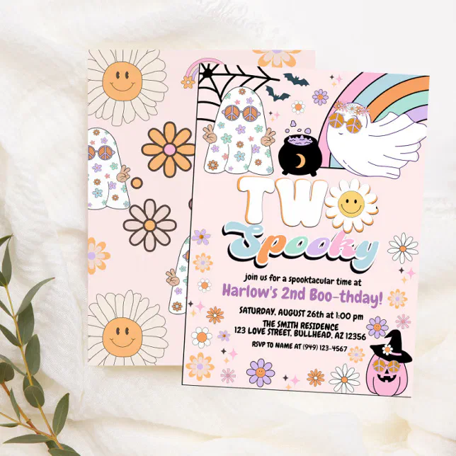 Two Spooky Groovy Ghost Hippie Halloween Birthday Invitation | Zazzle