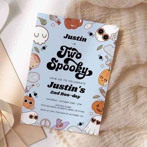 Two Spooky Groovy Halloween Boy 2nd Birthday Invitation