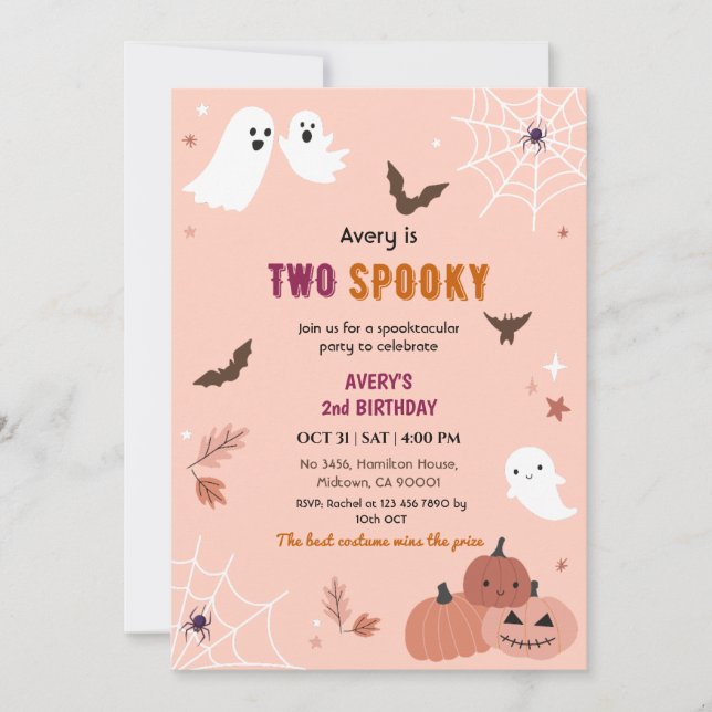Two Spooky Halloween Birthday Ghost Peach bats Invitation (Front)