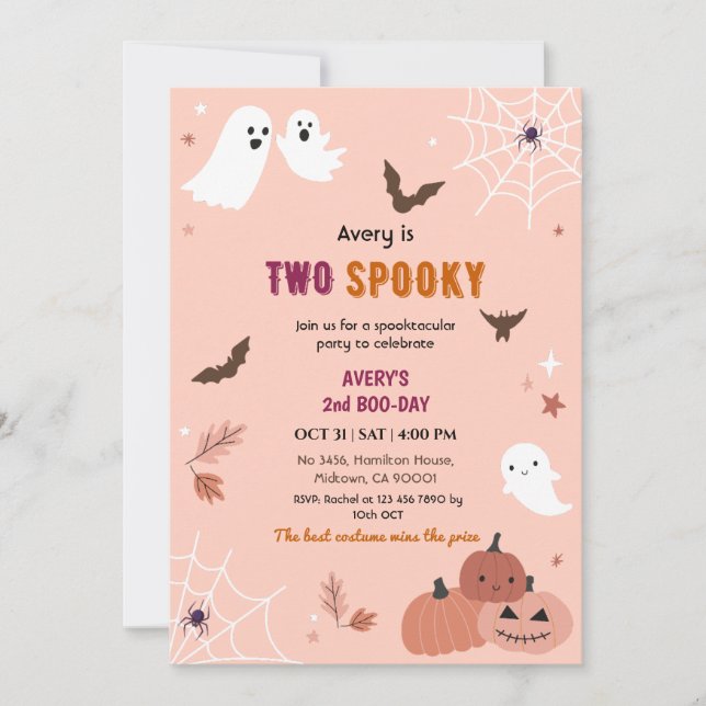 Two Spooky Halloween Birthday Ghost Peach bats Invitation (Front)