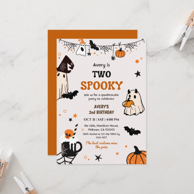 Two Spooky Halloween Birthday Ghost Whimsical Cute Invitation (Front/Back In Situ)
