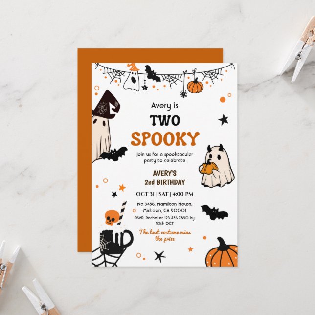 Two Spooky Halloween Birthday Ghost Whimsical Cute Invitation (Front/Back In Situ)