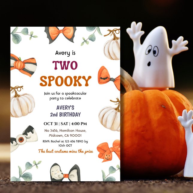 Two Spooky Halloween Birthday Pumpkin Bow Cute Invitation (Creator Uploaded)