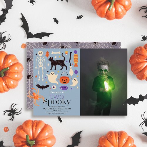 Two Spooky Halloween Blue 2nd Birthday Photo Invitation