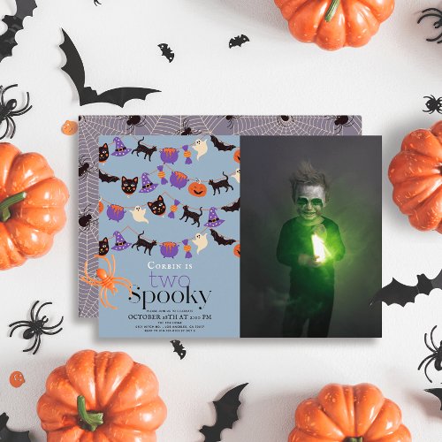 Two Spooky Halloween Blue 2nd Birthday Photo Invitation