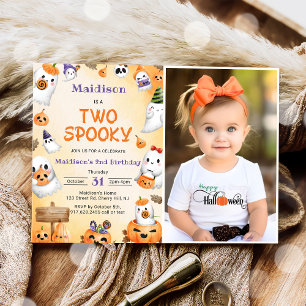 Two Spooky Halloween Cute Ghost Birthday Photo Invitation