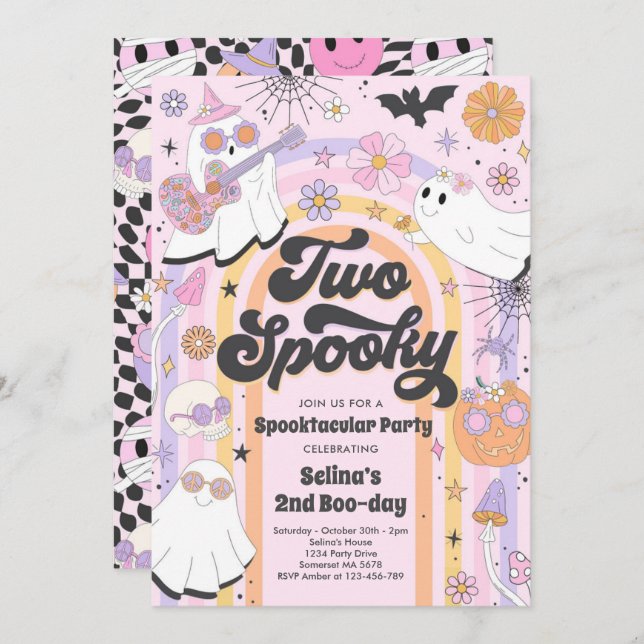 Two Spooky Halloween Groovy Ghost 2nd Birthday Invitation (Front/Back)