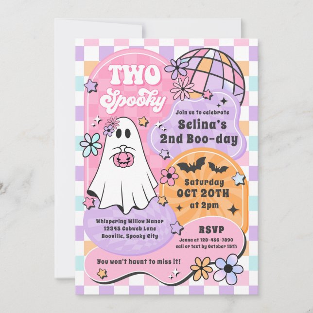 Two Spooky Halloween Groovy Ghost 2nd Birthday Invitation (Front)