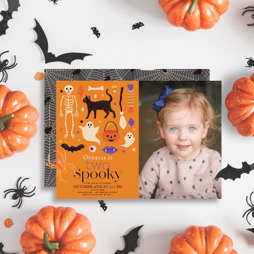 Two Spooky Halloween Orange 2nd Birthday Photo Invitation