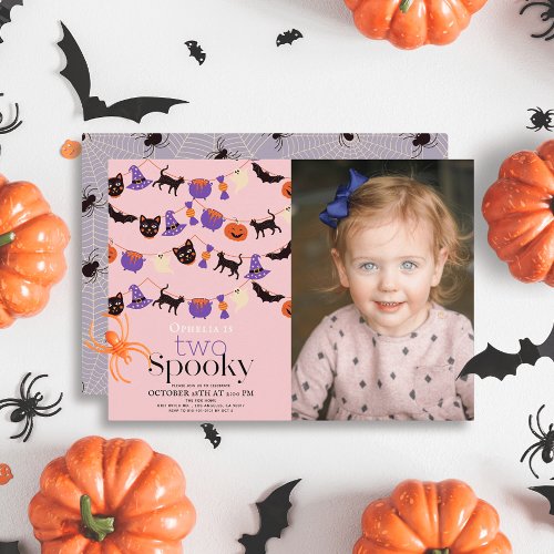 Two Spooky Halloween Pink 2nd Birthday Photo Invitation