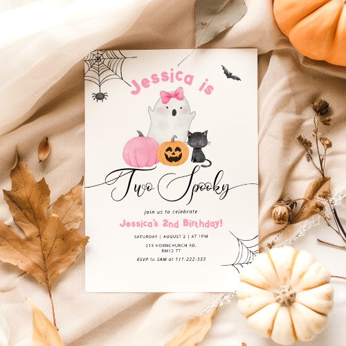 Two Spooky Halloween pink 2nd girl birthday Invitation