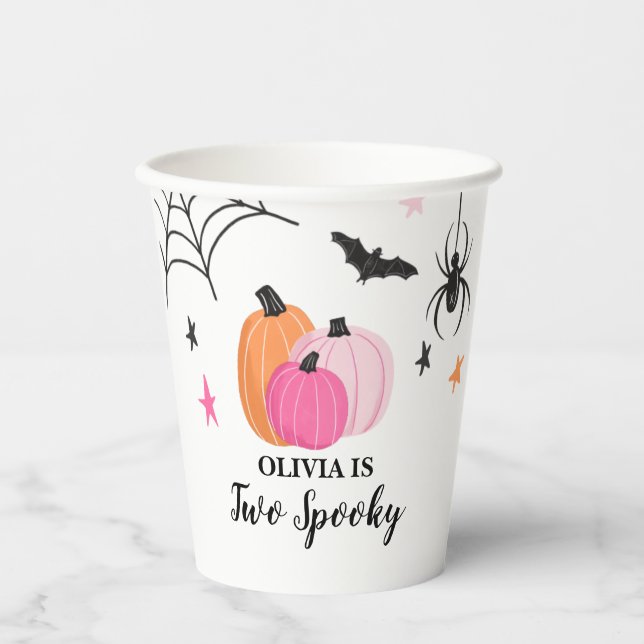 Two Spooky Halloween PINK Pumpkins Birthday Paper  Paper Cups (Front)