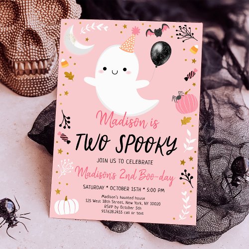 TWO Spooky Pink Ghost Halloween Birthday Invitation