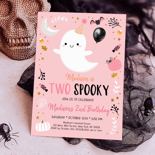 Two Spooky Pink Ghost Halloween Birthday Invitation