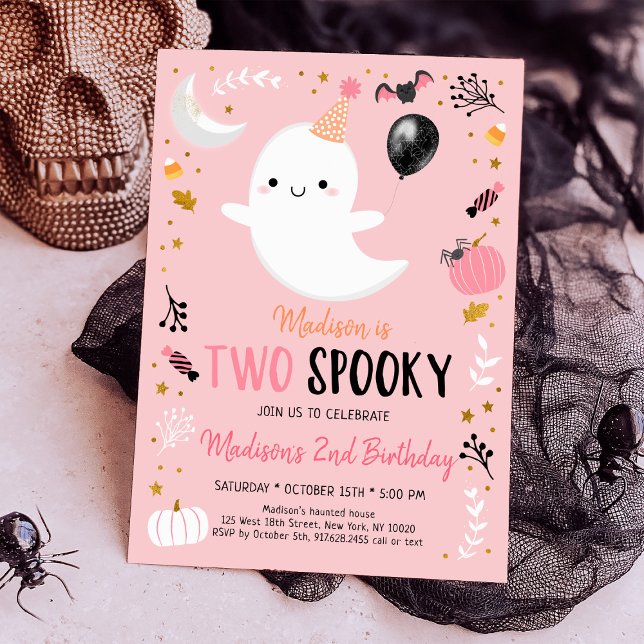 Two Spooky Pink Ghost Halloween Birthday Invitation (Creator Uploaded)